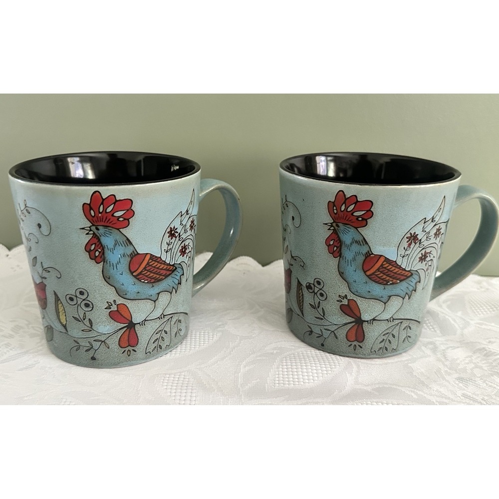 Set Of 2 Great Gatherings Rooster Farmhouse Style Coffee Cups Blue